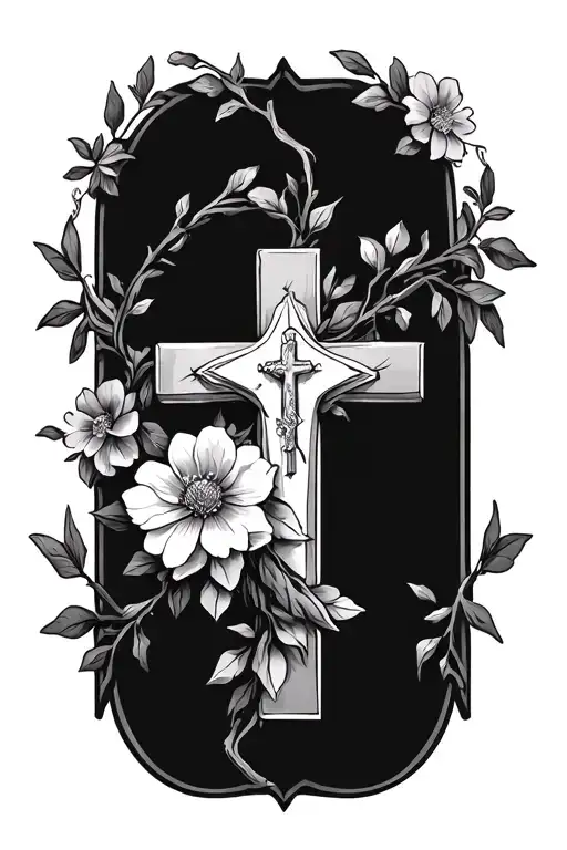 catholic cross wrapped in flowers and vines tattoo design idea