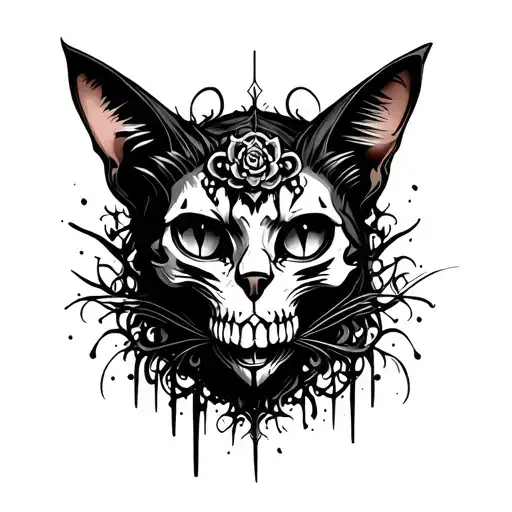 Gothic cat skull. Black ears, demonic looking tattoo design idea