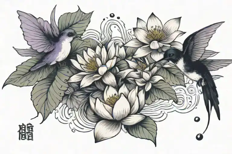 violet and water lily with a hummingbird hovering tattoo design idea