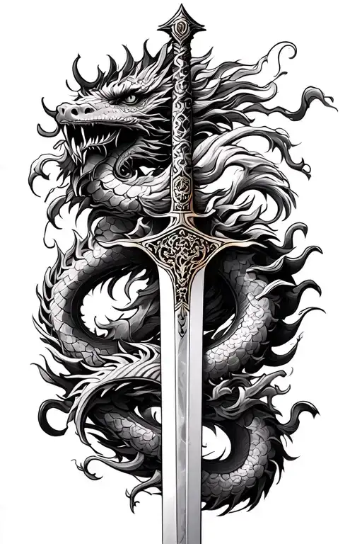 ornate sword with a Chinese dragon entwined about it. tattoo design idea