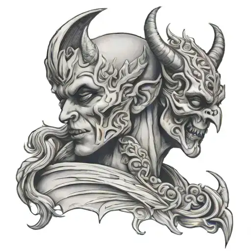 demon removing angel mask tattoo design idea