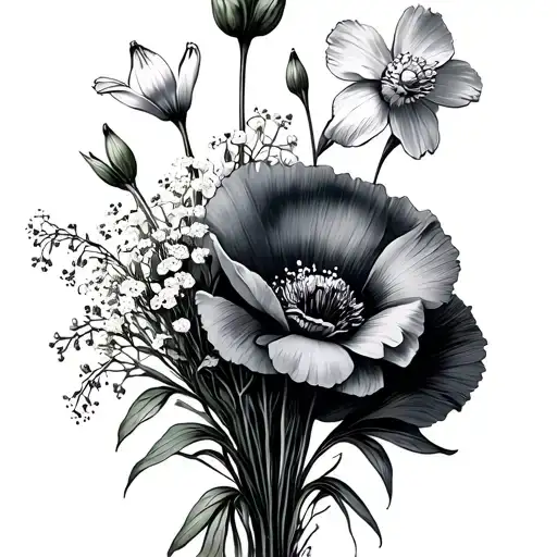 baby's breath, poppy, violet, snowdrop, narcissus bouquet tattoo design idea