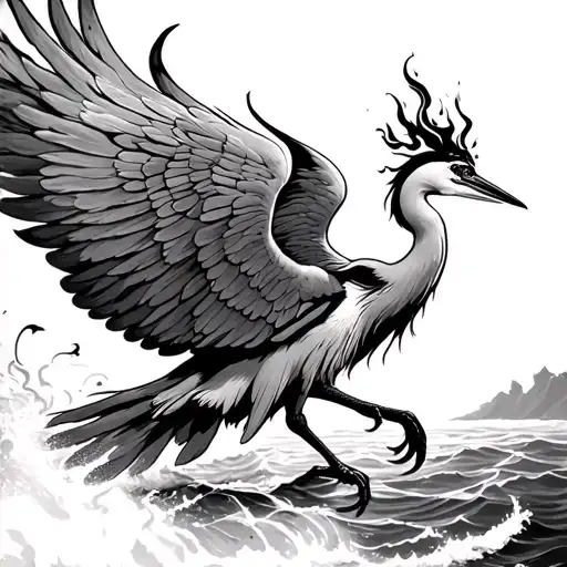 Heron, screeching to the sky, wings upwards and aflame, gust of wind in the left of the picture, sea to the right tattoo design idea