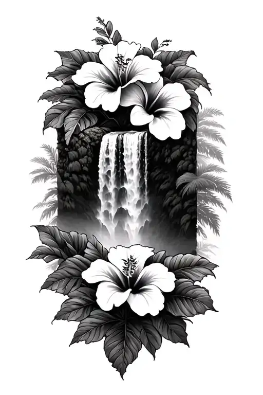 hawaiin waterfall, hibiscus flowers tattoo design idea