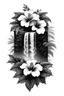 hawaiin waterfall, hibiscus flowers tattoo design idea
