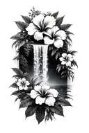 hawaiin waterfall, hibiscus flowers tattoo design idea