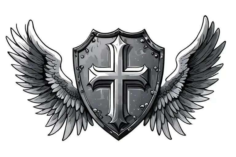 Create a tattoo with a shield that has a Jerusalem cross inside of the shield surrounded by angel wings that are spread  tattoo design idea