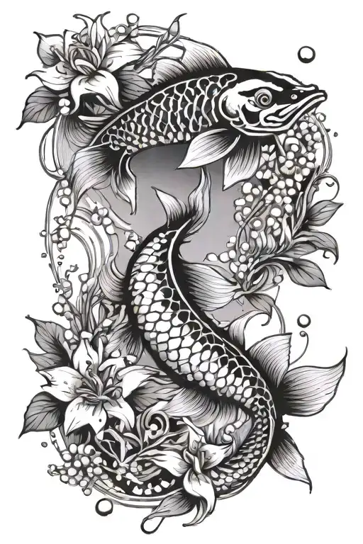 Koi fish that are not in a pond with flowers surrounded by lily of the valley. very simple tattoo design idea
