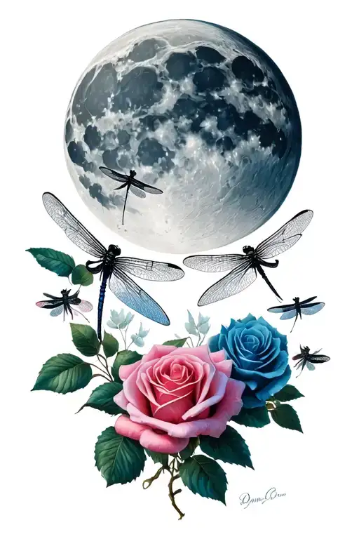 moon roses dragon flies heavens gates tattoo design idea