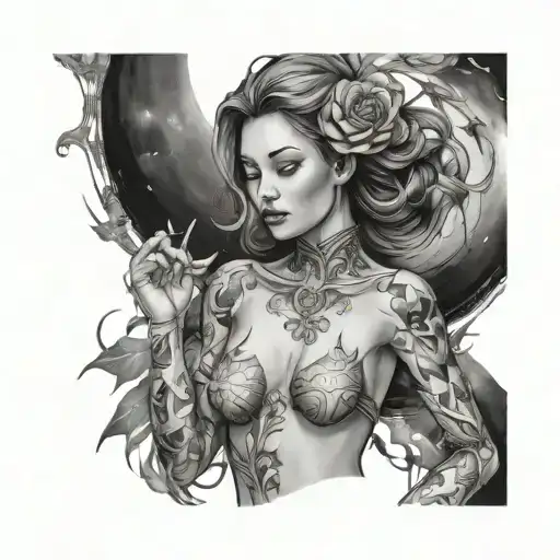 sensual woman upper body celestial tattoo design idea