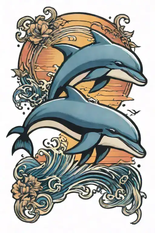 memorial sunset with dolphin jumping tattoo design idea