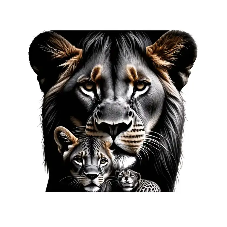 lioness and cubs face only tattoo design idea