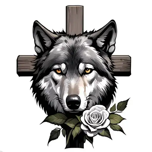 cross wrapped by a rose with Isaiah 41:10 and a wolf tattoo design idea
