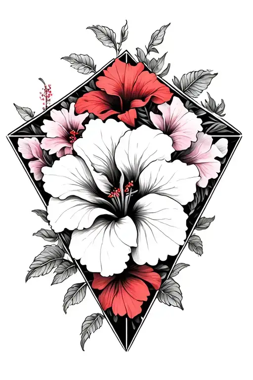 A diamond shape made out of intertwined red and pink hibiscus flowers tattoo design idea