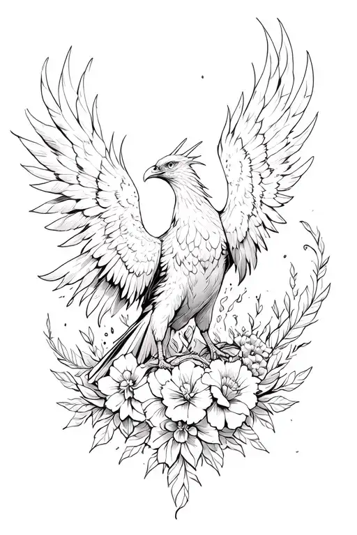 phoenix rushing from ashes with flowers and feathers  tattoo design idea