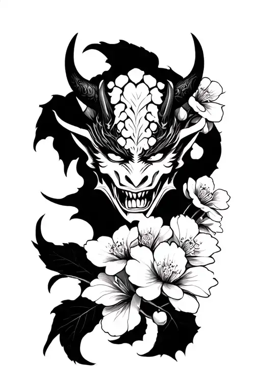 demonic oni mask with cherry blossom flowers and petals tattoo design idea