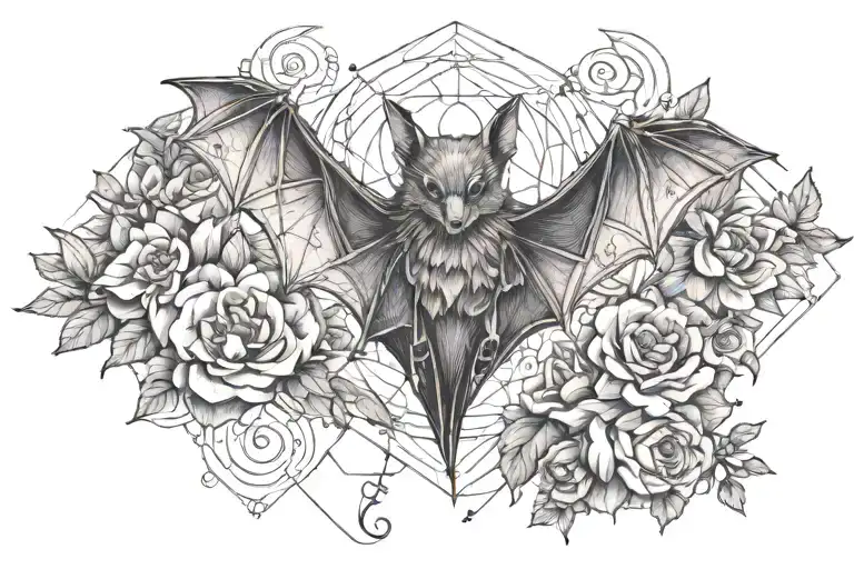 feminine bat with flowers tattoo design idea