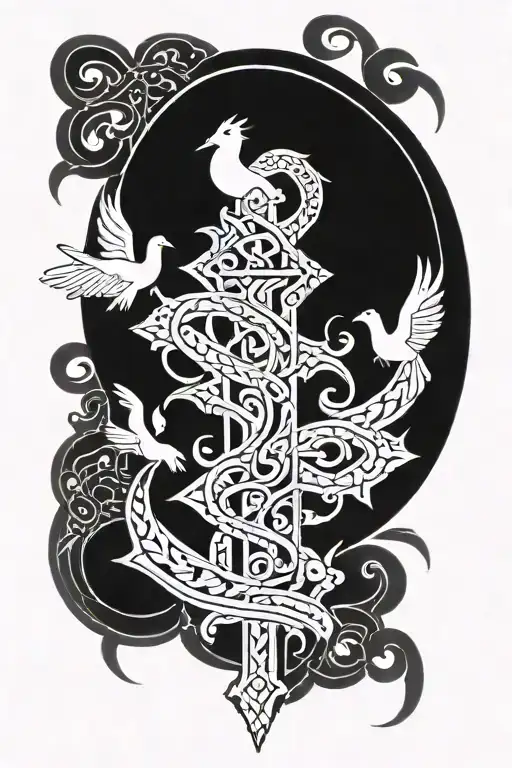 (cross with a snake entwined around it), (all-seeing eye in the top right corner), (doves perched on the top left side), tattoo design idea