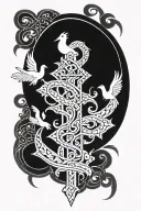 (cross with a snake entwined around it), (all-seeing eye in the top right corner), (doves perched on the top left side), tattoo design idea