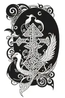 (cross with a snake entwined around it), (all-seeing eye in the top right corner), (doves perched on the top left side), tattoo design idea