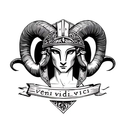 fine line tattoo that has Aries and a Roman helmet and the words "veni vidi vici" along one of the lines tattoo design idea