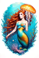 underwater scene with jellyfish, coral reef and thick redhead sexy mermaid tattoo design idea