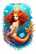 underwater scene with jellyfish, coral reef and thick redhead sexy mermaid tattoo design idea