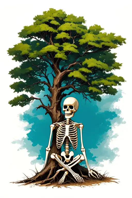 bare lone tree with a skeleton sitting beside it tattoo design idea