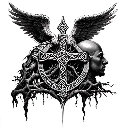 a bald archangel warrior, a tree of life, a celtic cross and the names Brady, Brianna, Cody tattoo design idea