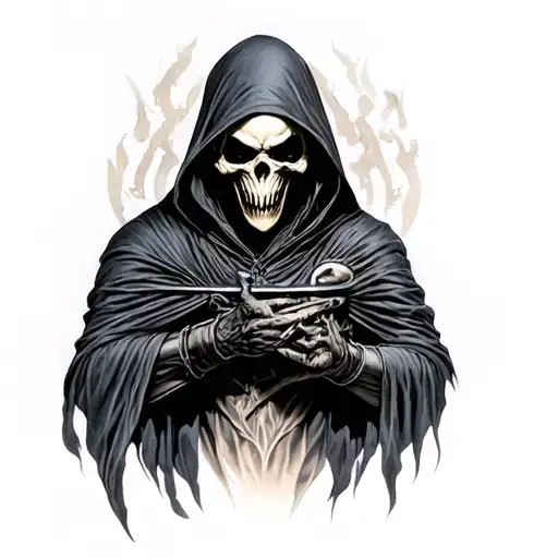 reaper full body, hooded, dark tattoo design idea