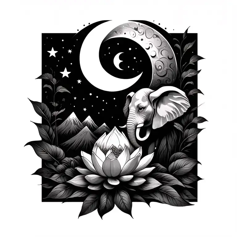 crescent moon, stars, mountains, lotus flower and elephant tattoo design idea