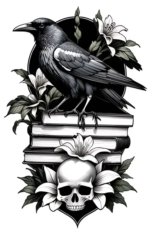 skull, raven perched on books , Lillies , gothic  tattoo design idea