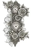 long clock tattoo with key and rose background tattoo design idea