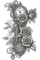 long clock tattoo with key and rose background tattoo design idea