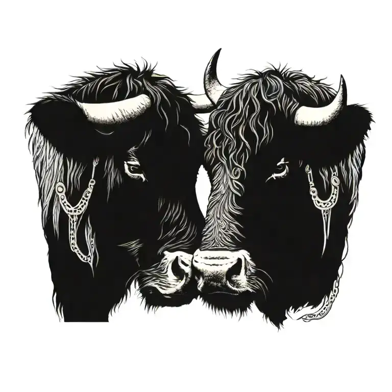 two shaggy higland cows noses touching like a kiss. one cow wearing a viking helmet and the other cow has a shield tattoo design idea