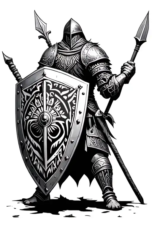 a warrior with medieval armor holding a shield and a spear facing backwards without his face showing  tattoo design idea