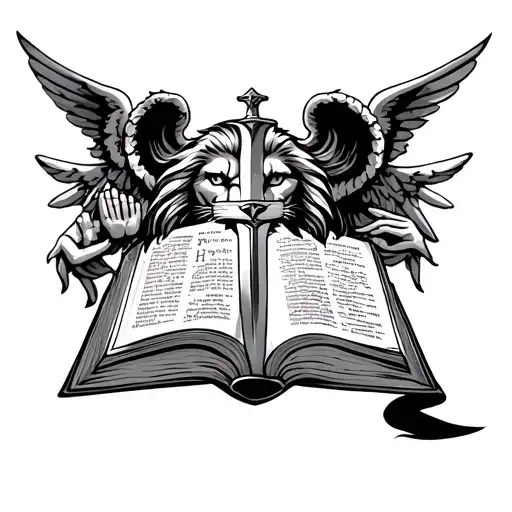 gladiator/lion face with the holy Bible with a sword through the middle and a angel with prayer hands chest tattoo  tattoo design idea