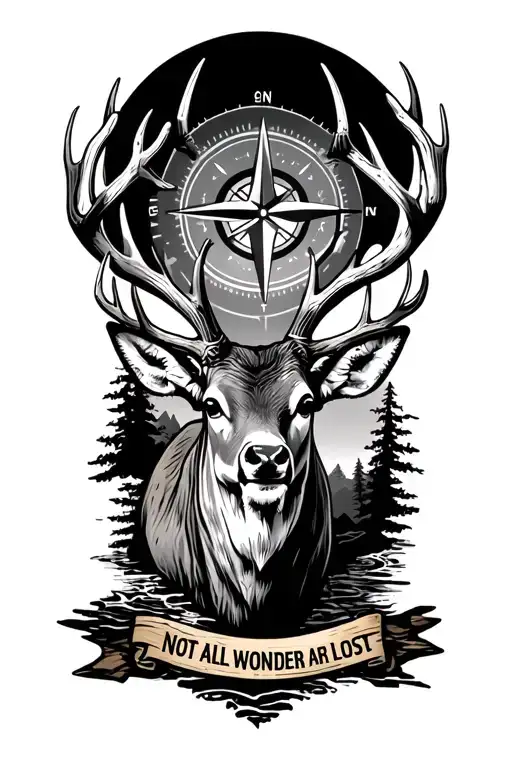 not all who wonder are lost compass, mountain stream, old u.s flag mule deer buck with drop tines tattoo design idea