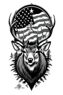 not all who wonder are lost compass, mountain stream, old u.s flag mule deer buck with drop tines tattoo design idea