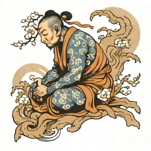 warrio monk meditating tattoo design idea