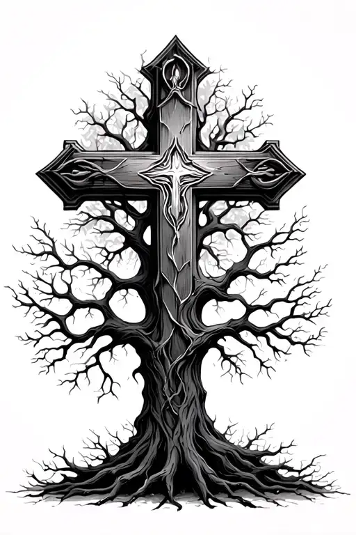 leafless tree with old style Christian cross tattoo design idea