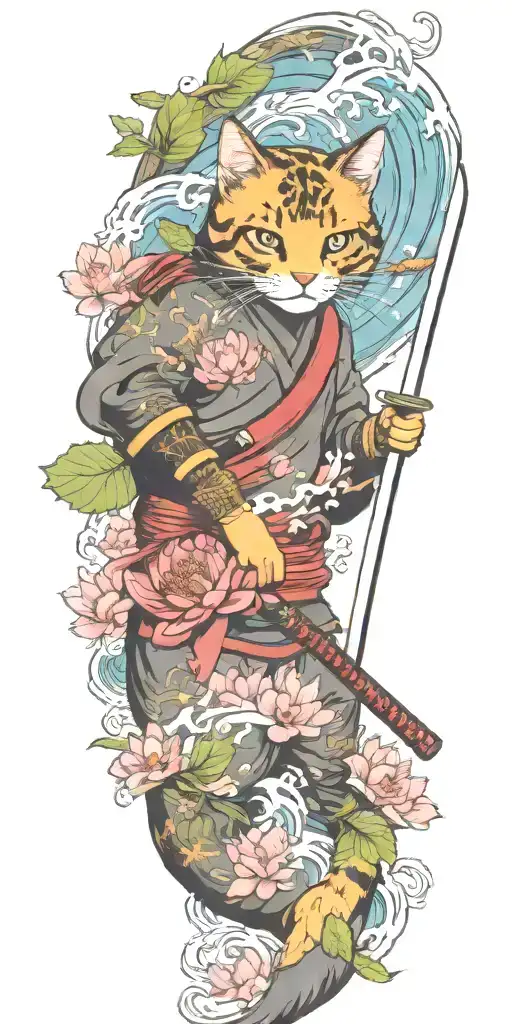 ninja cat holding katana, tail, water, waves, lotus, sakura, clouds, whirlpool, leaves, peony, sea, sunrise tattoo design idea