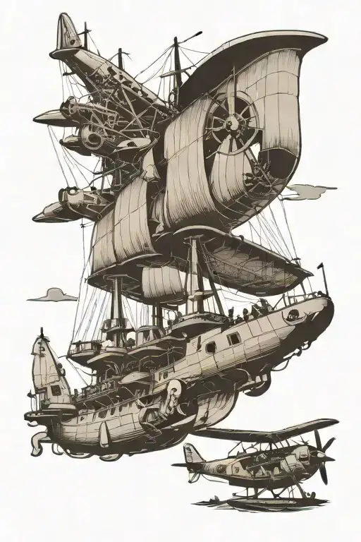 kraken fighting battleship fighting airplane with paratroopers tattoo design idea