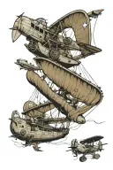 kraken fighting battleship fighting airplane with paratroopers tattoo design idea
