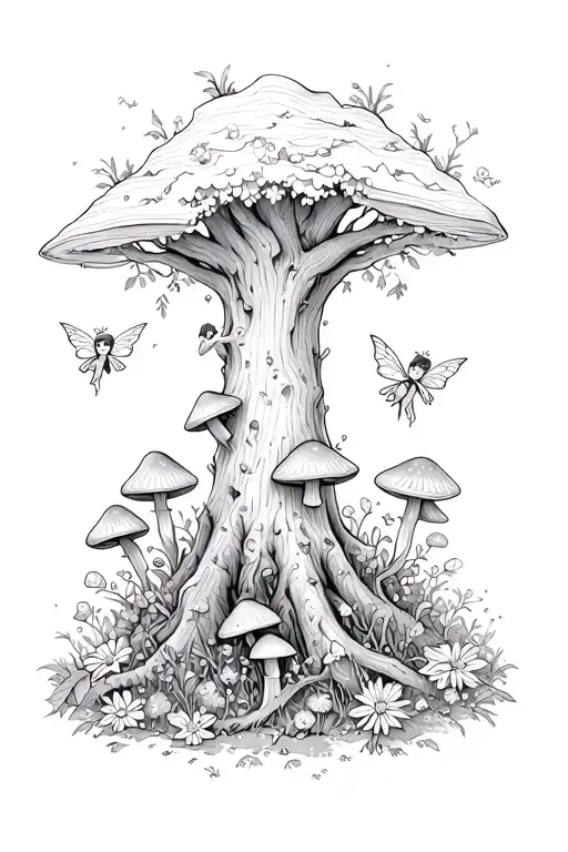 tree trunk with mushrooms and flowers growing from it, and fairies flying around. fairies done in a children's book styl tattoo design idea