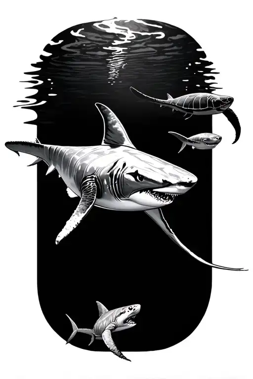 sting ray, turtle, shark and shark shadow, tribal waves  tattoo design idea