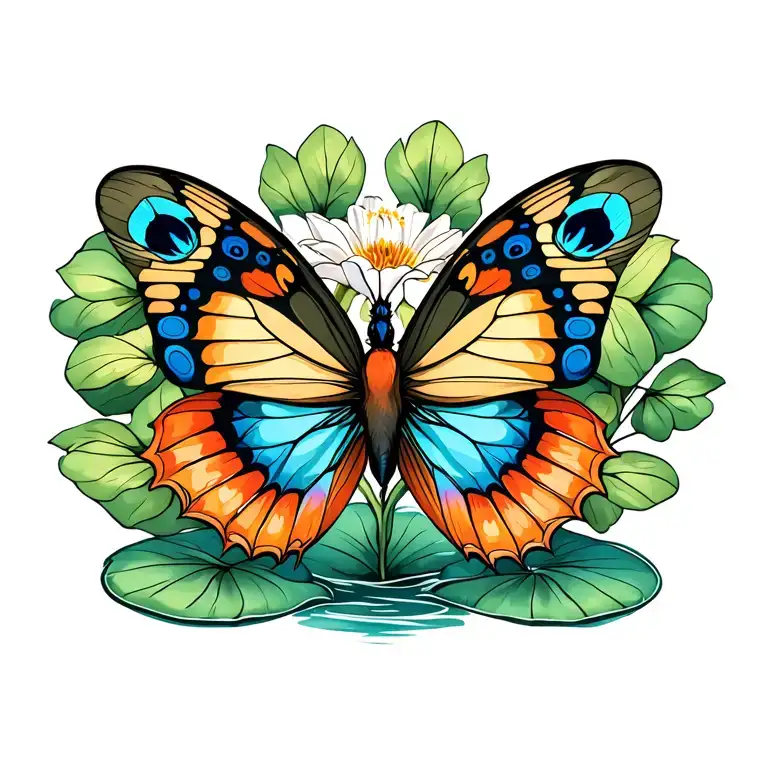 side profile of a scarlet peacock butterfly on a lily pad tattoo design idea