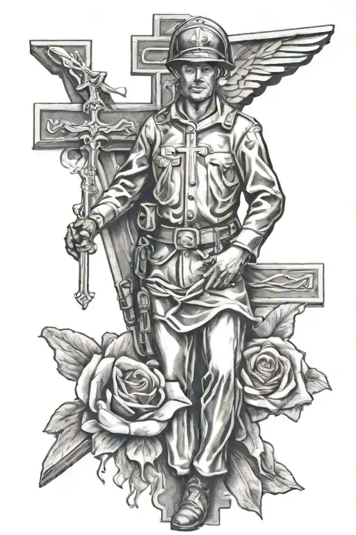 WWII soldier with crucifix tattoo design idea