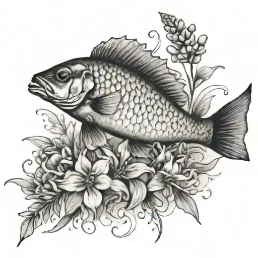 fish with bluebonnets and black birds tattoo design idea