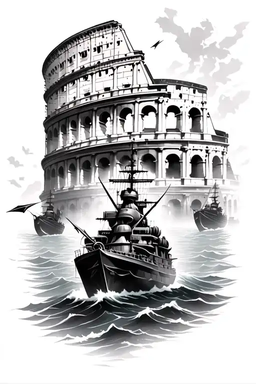 Colosseum Rome in the background with battleships in the sea shooting arrows towards the enemy  tattoo design idea